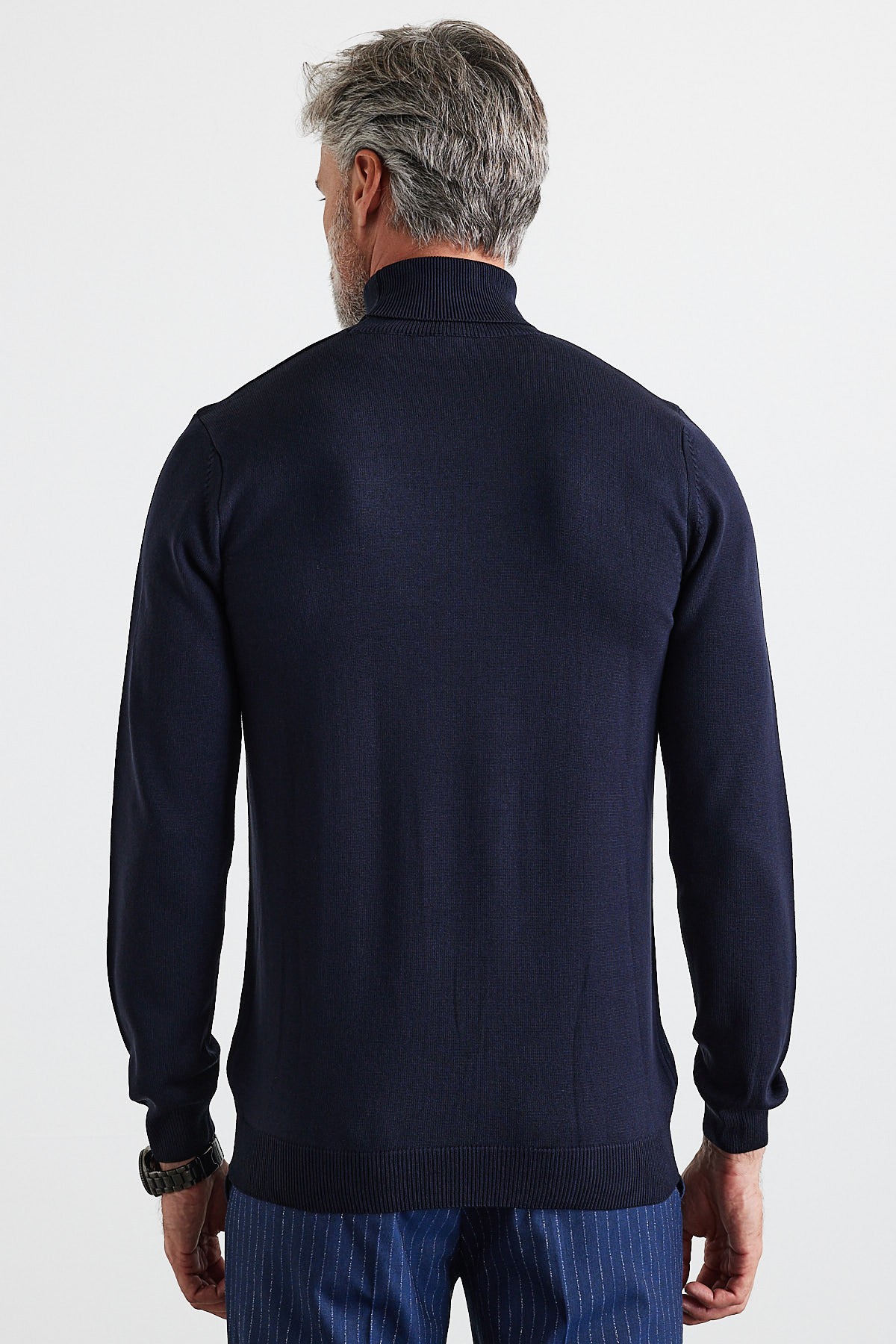 Men's Slim Fit Tight Cut Fisherman Neck Sweater - Navy blue