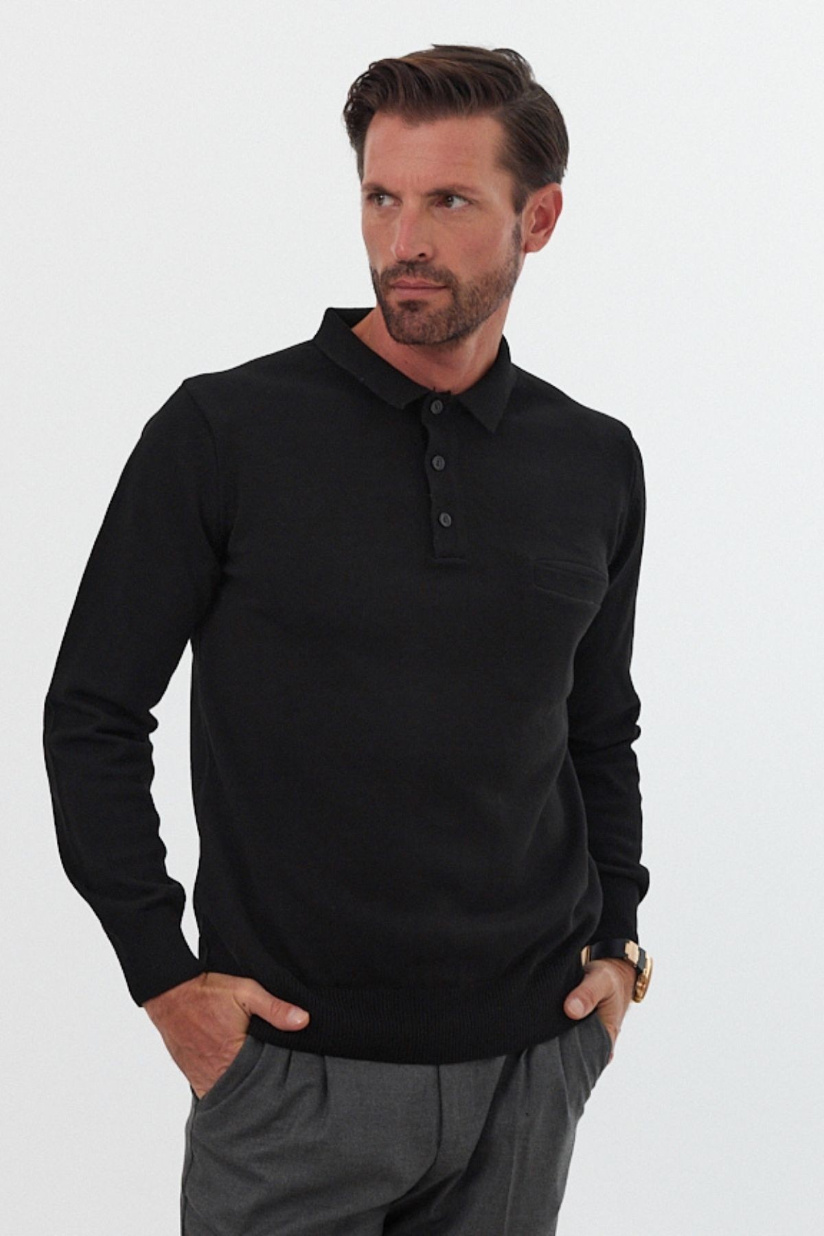 Men's Standard Fit Polo Neck Pocketed Knit Sweater - Black