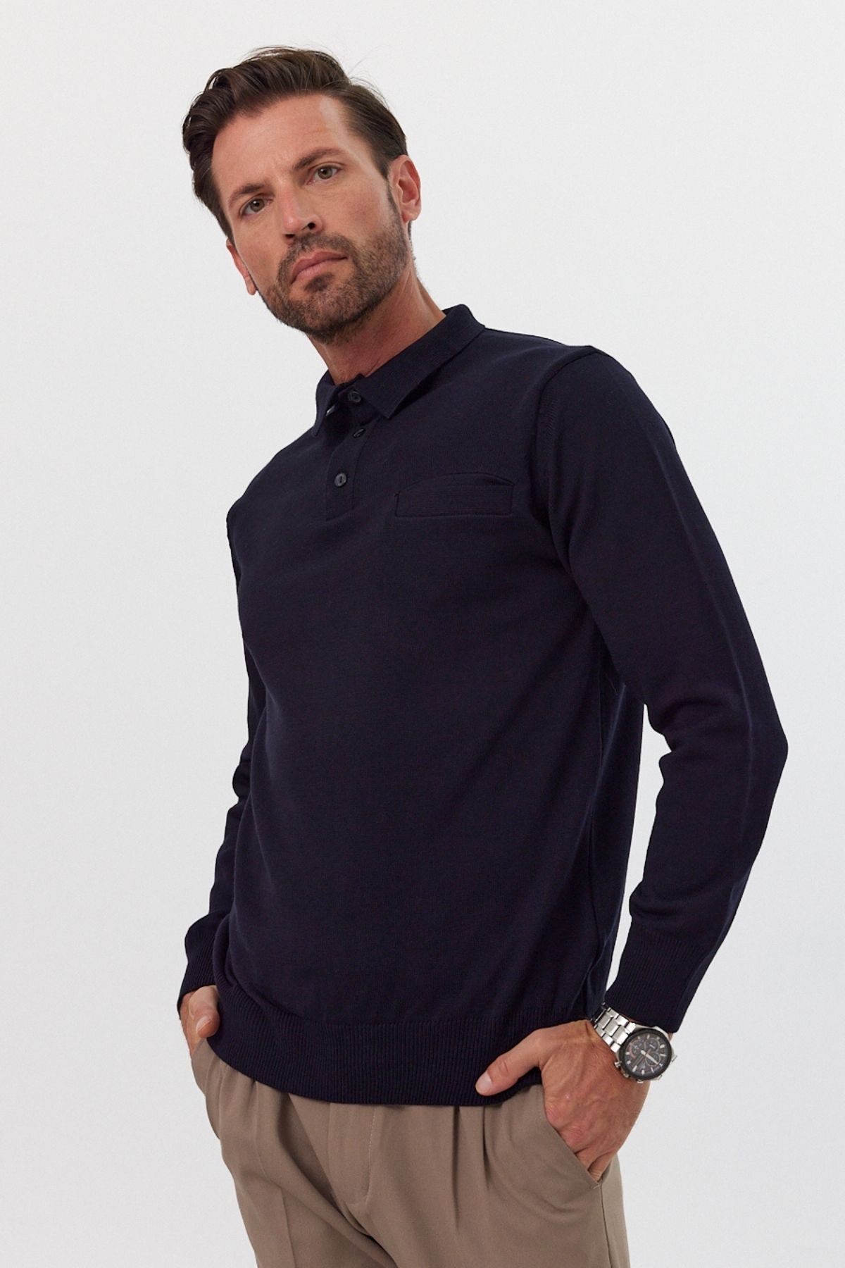 Men's Standard Fit Polo Neck Pocketed Knit Sweater - Navy blue