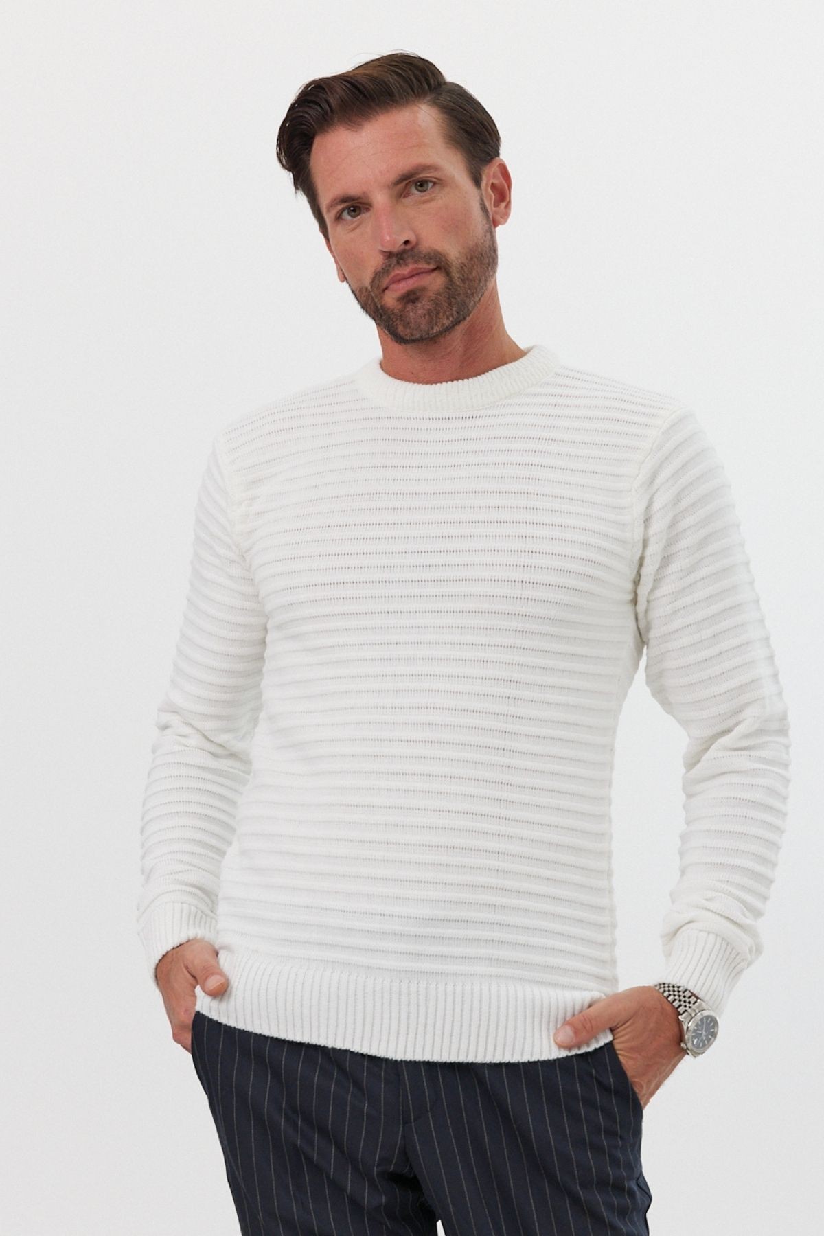 Men's Slim Fit Self-Striped Patterned Polo Neck Sweater