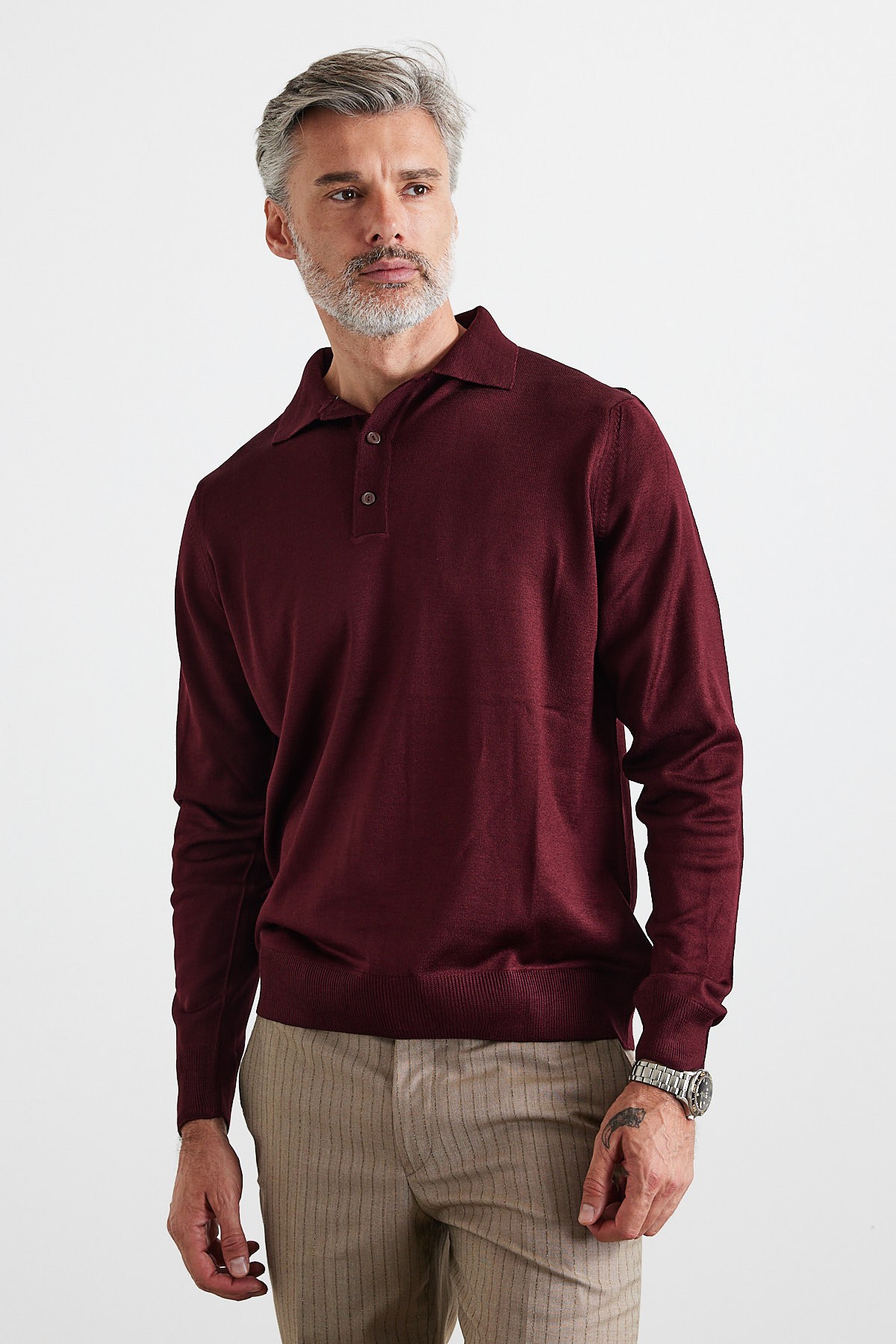 Men's Standard Fit Regular Cut Polo Collar Knit Sweater - Maroon