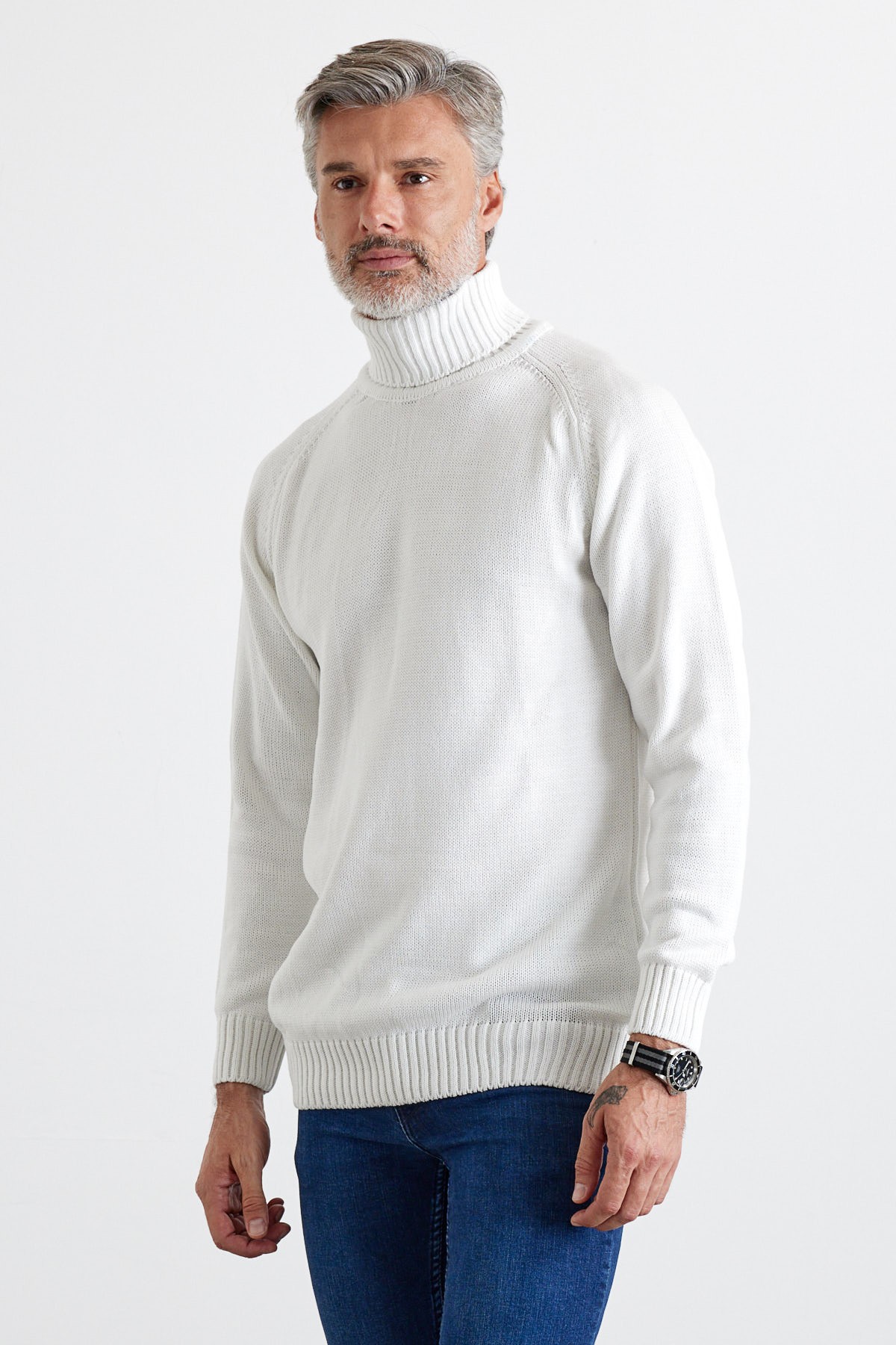 Men's Full Fisherman Thick Italian Sleeve Sweater - White