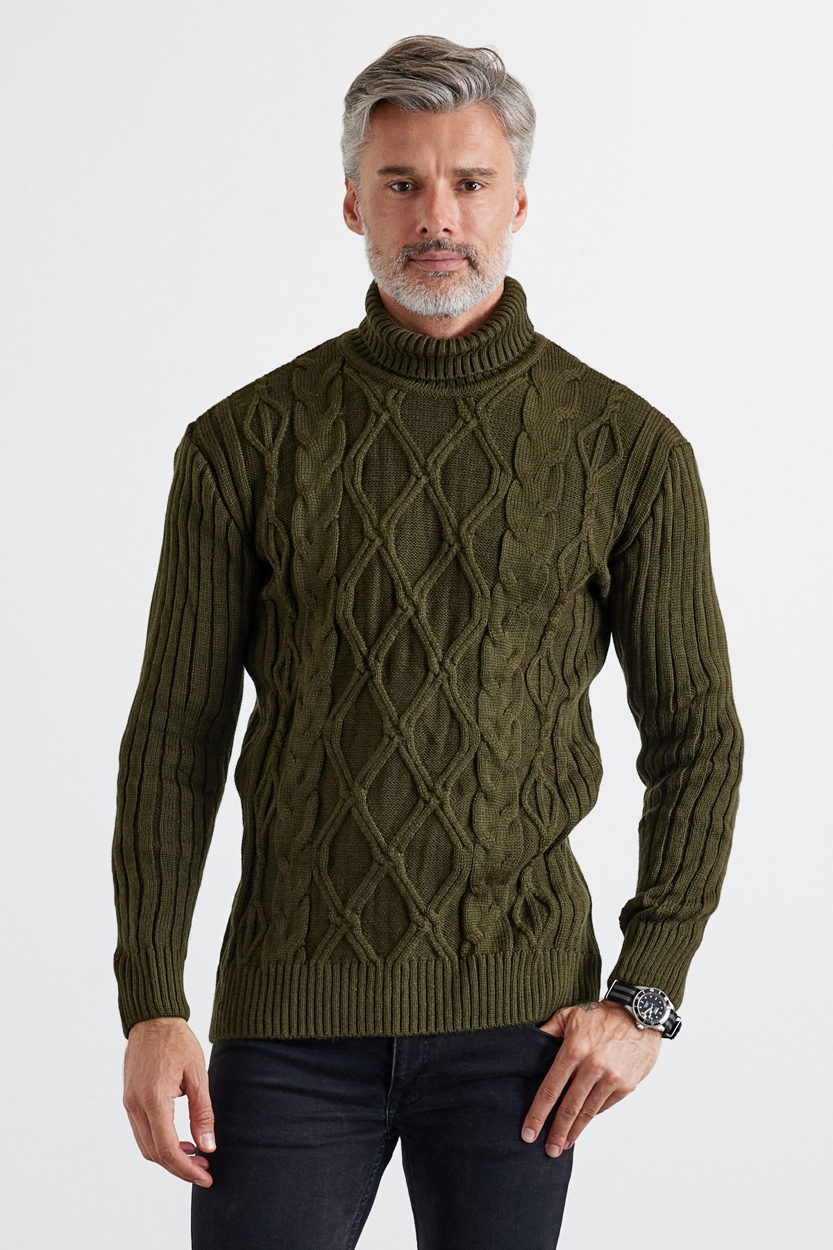 Men's Cable Knit Argyle Pattern Full Turtleneck Ribbed Thick Sweater