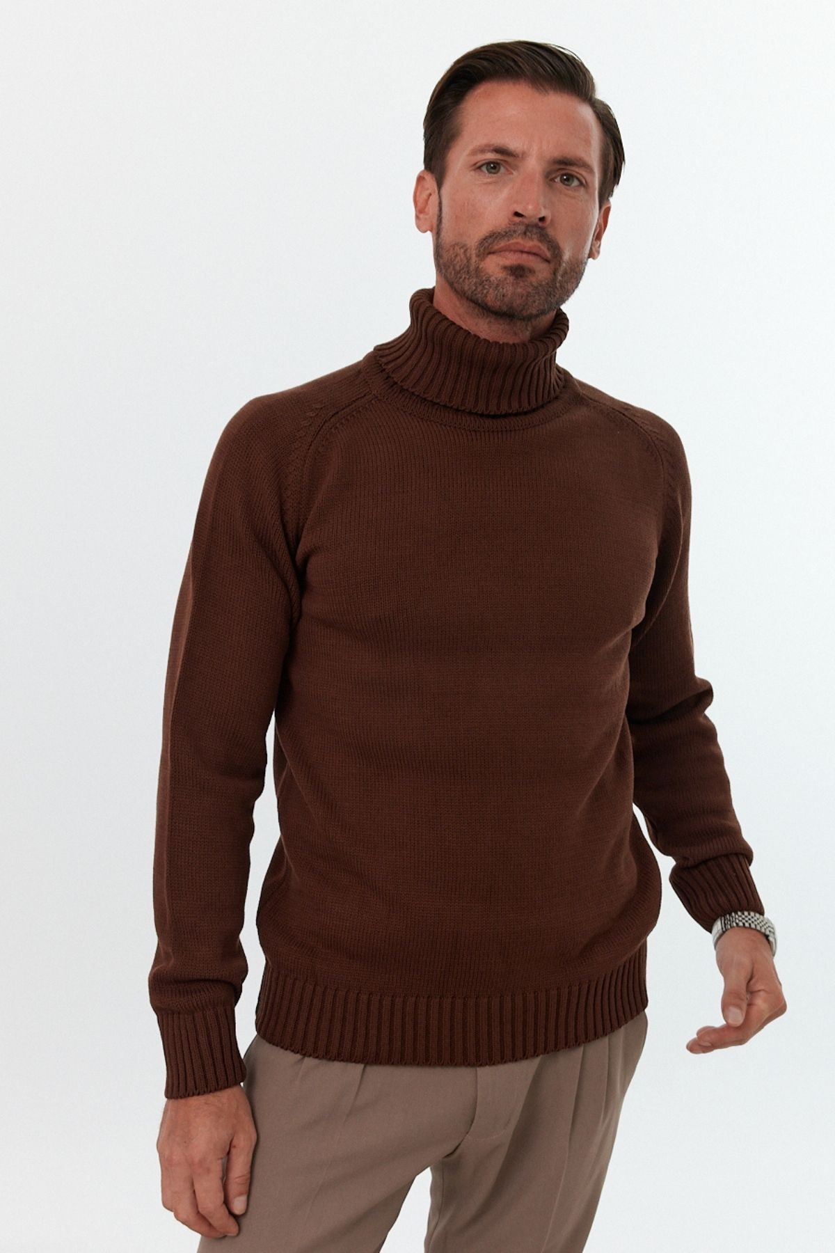 Men's Full Fisherman Thick Italian Sleeve Sweater - Brown