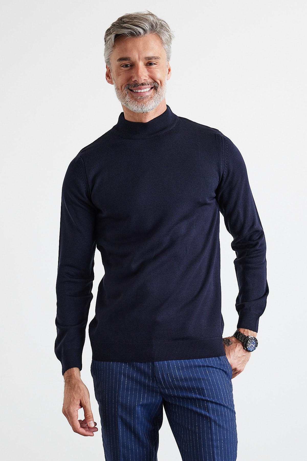 Men's Slim Fit Narrow Cut Half Fisherman's Collar Turtleneck Sweater - Navy blue