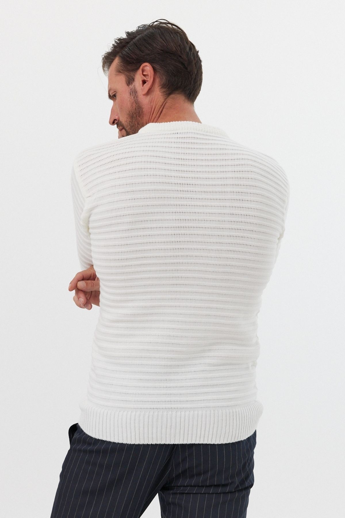 Men's Slim Fit Self-Striped Patterned Polo Neck Sweater