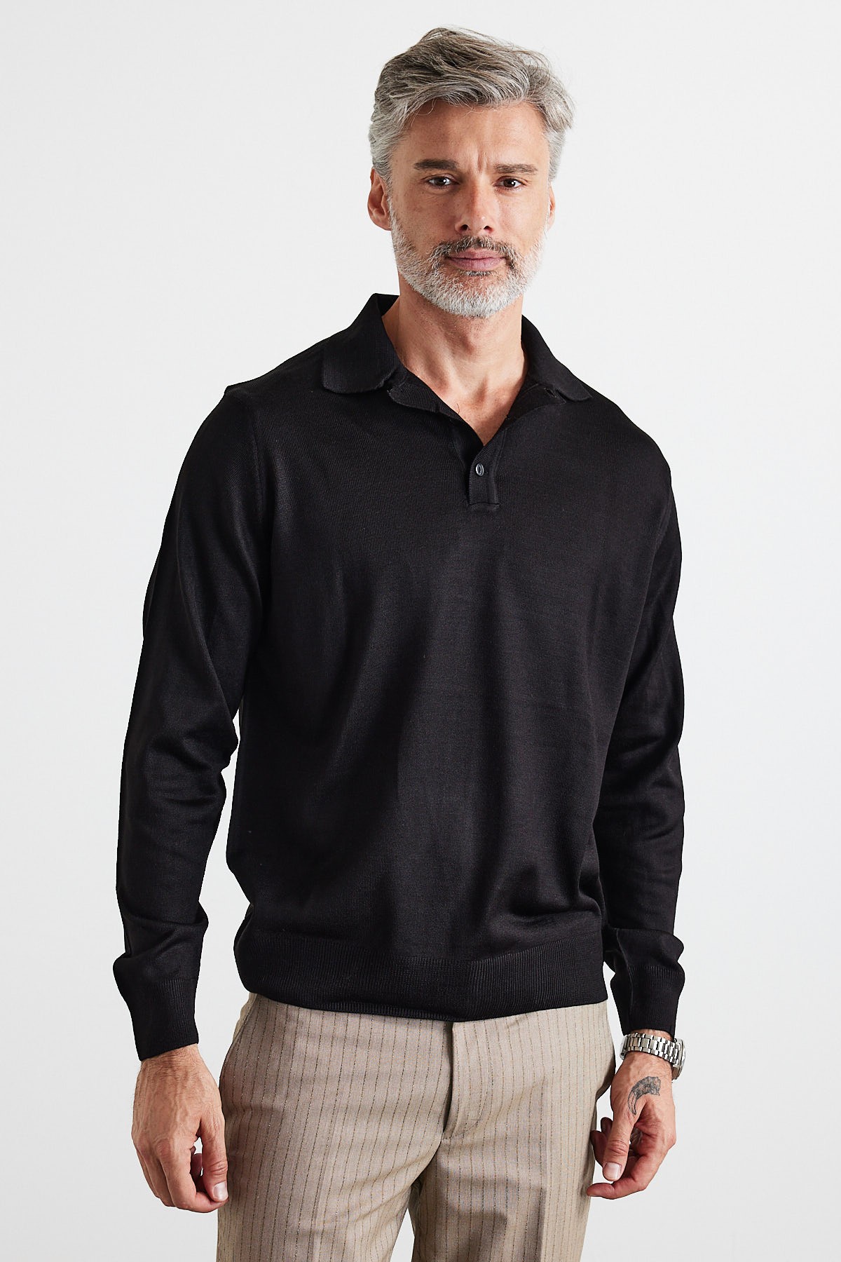 Men's Standard Fit Regular Cut Polo Collar Knit Sweater - Black