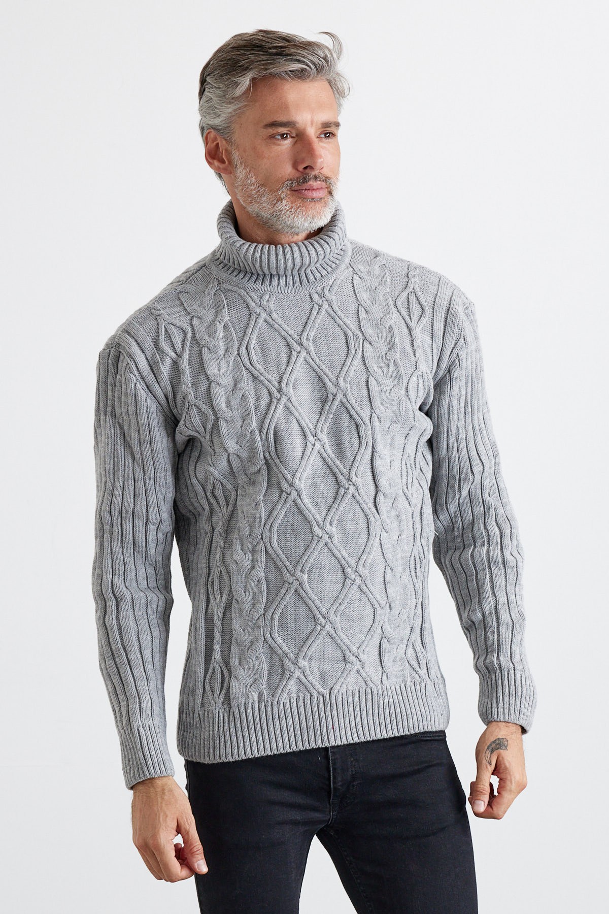 Men's Cable Knit Argyle Pattern Full Turtleneck Ribbed Thick Sweater - Medium Gray