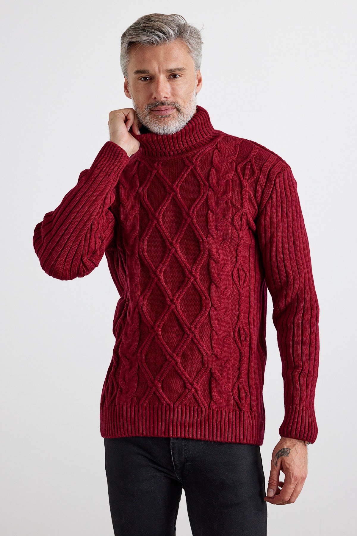 Men's Cable Knit Argyle Pattern Full Turtleneck Ribbed Thick Sweater - Maroon