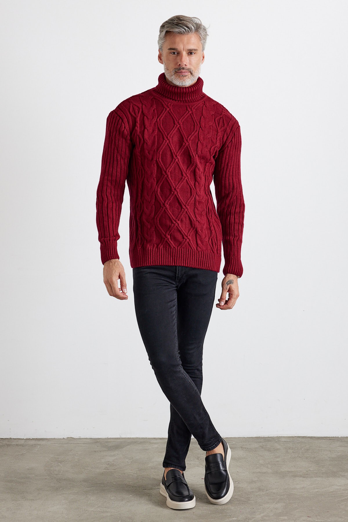 Men's Cable Knit Argyle Pattern Full Turtleneck Ribbed Thick Sweater - Maroon