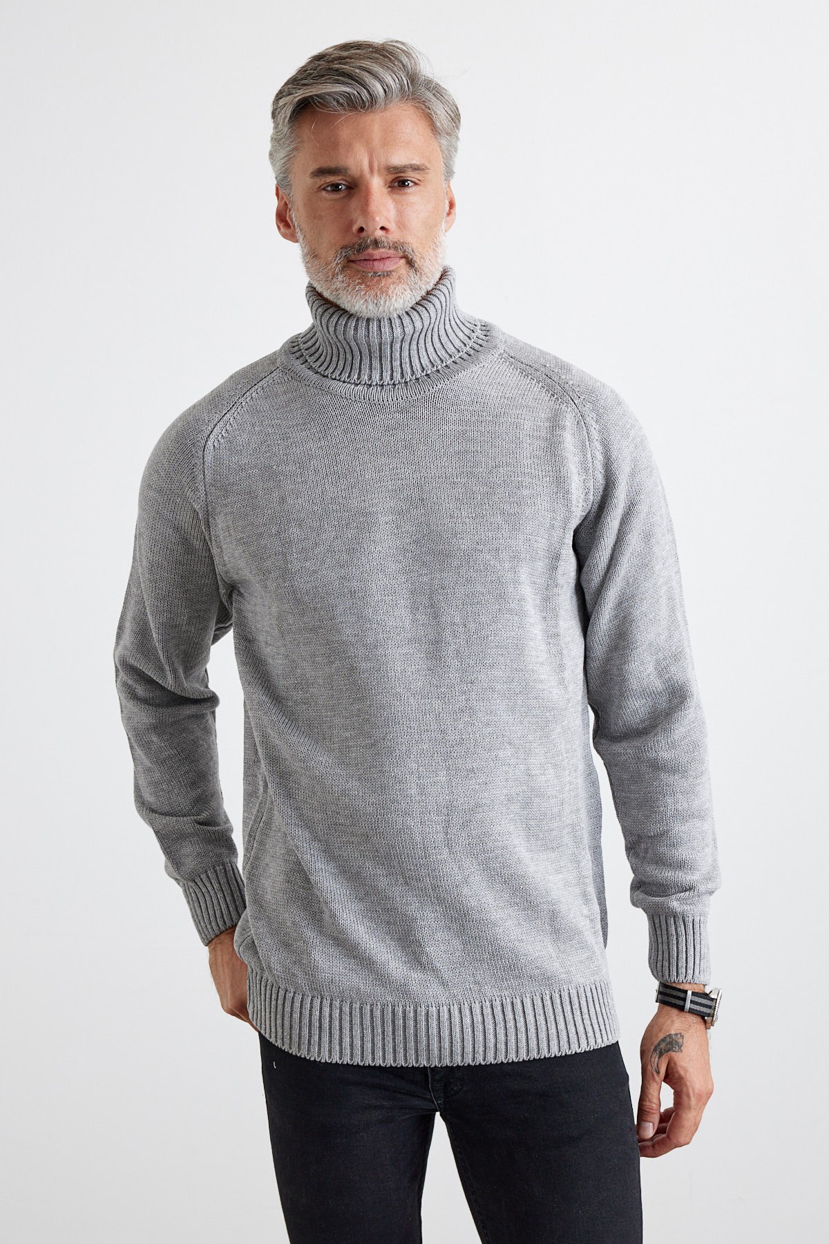 Men's Full Fisherman Thick Italian Sleeve Sweater - Light Grey