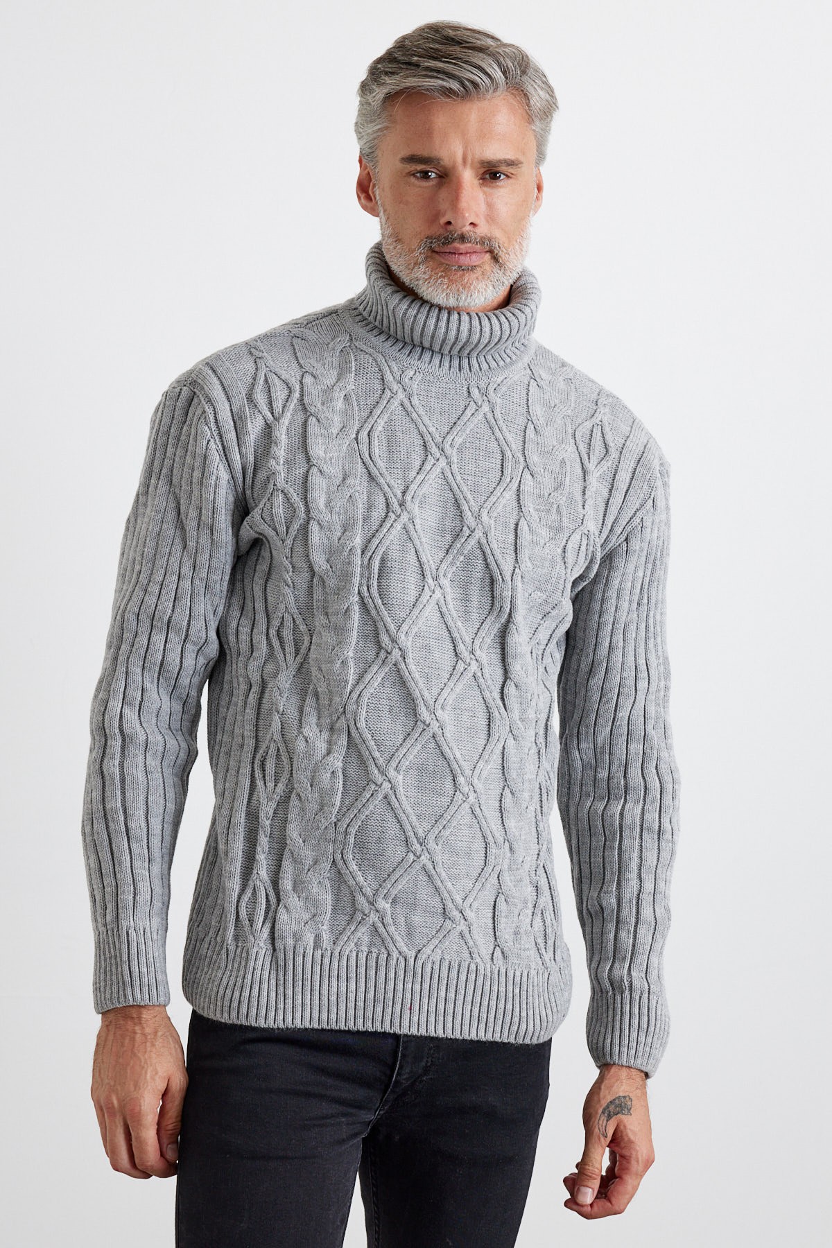 Men's Cable Knit Argyle Pattern Full Turtleneck Ribbed Thick Sweater - Medium Gray