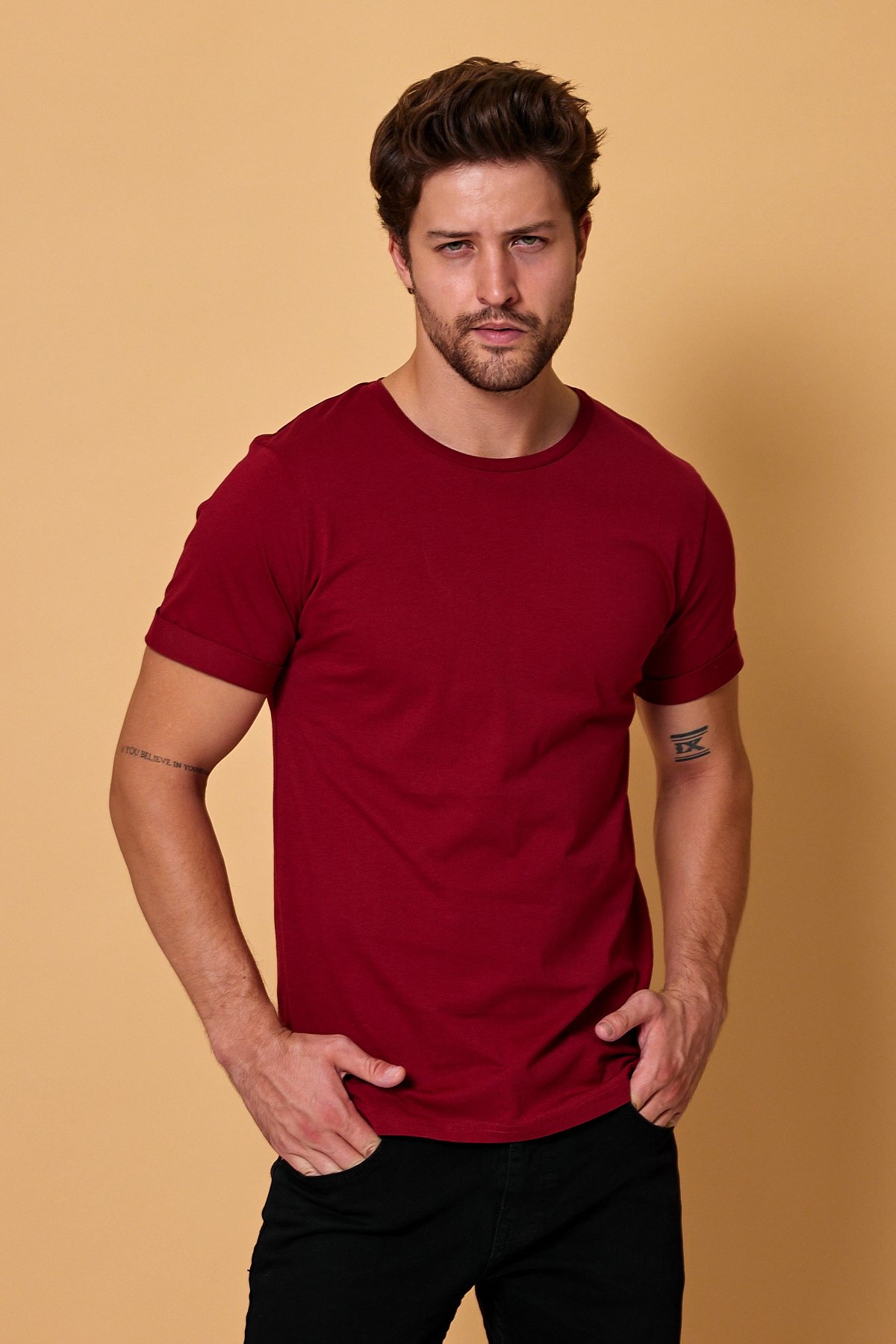 Erkek Slim Fit Yüksek Kalite %100 Pamuk Basic Tişört 24/1 - Bordo