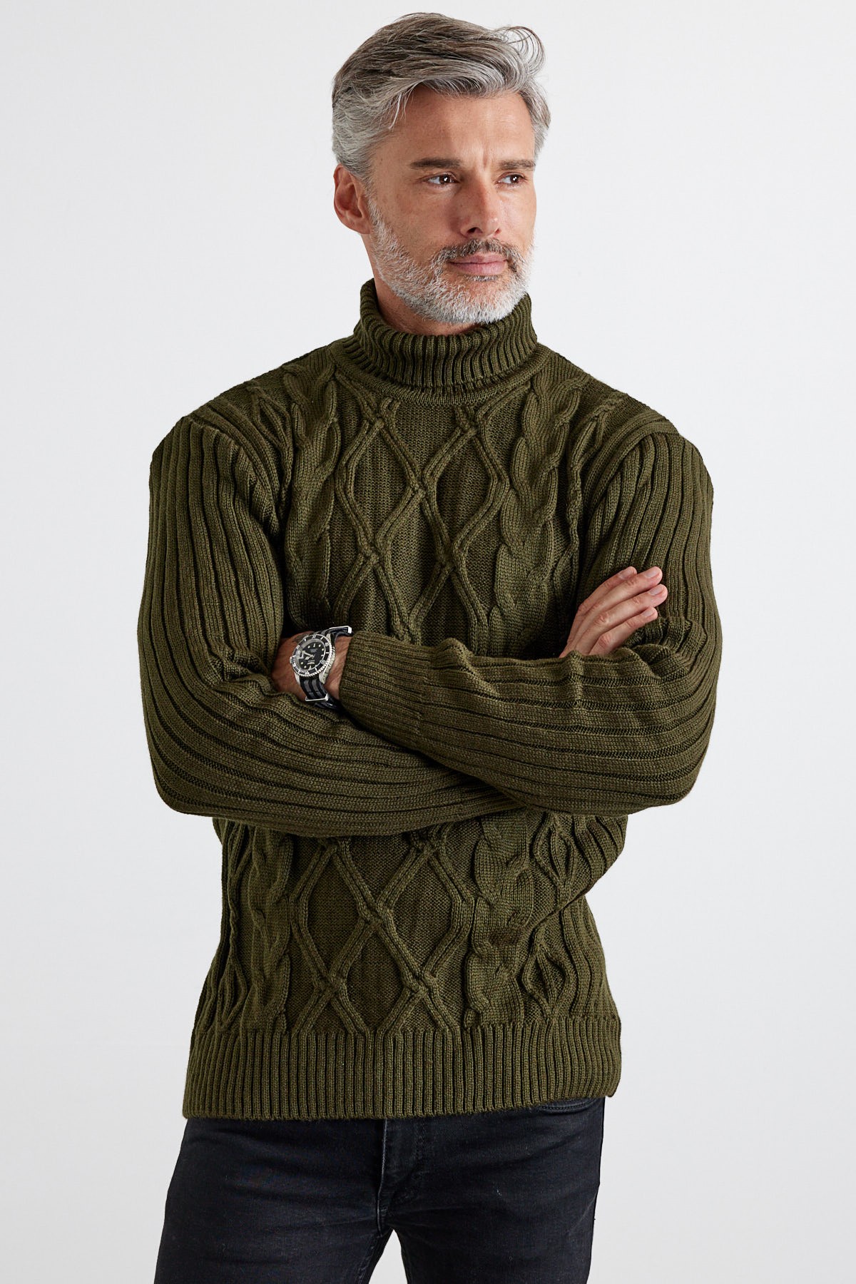 Men's Cable Knit Argyle Pattern Full Turtleneck Ribbed Thick Sweater