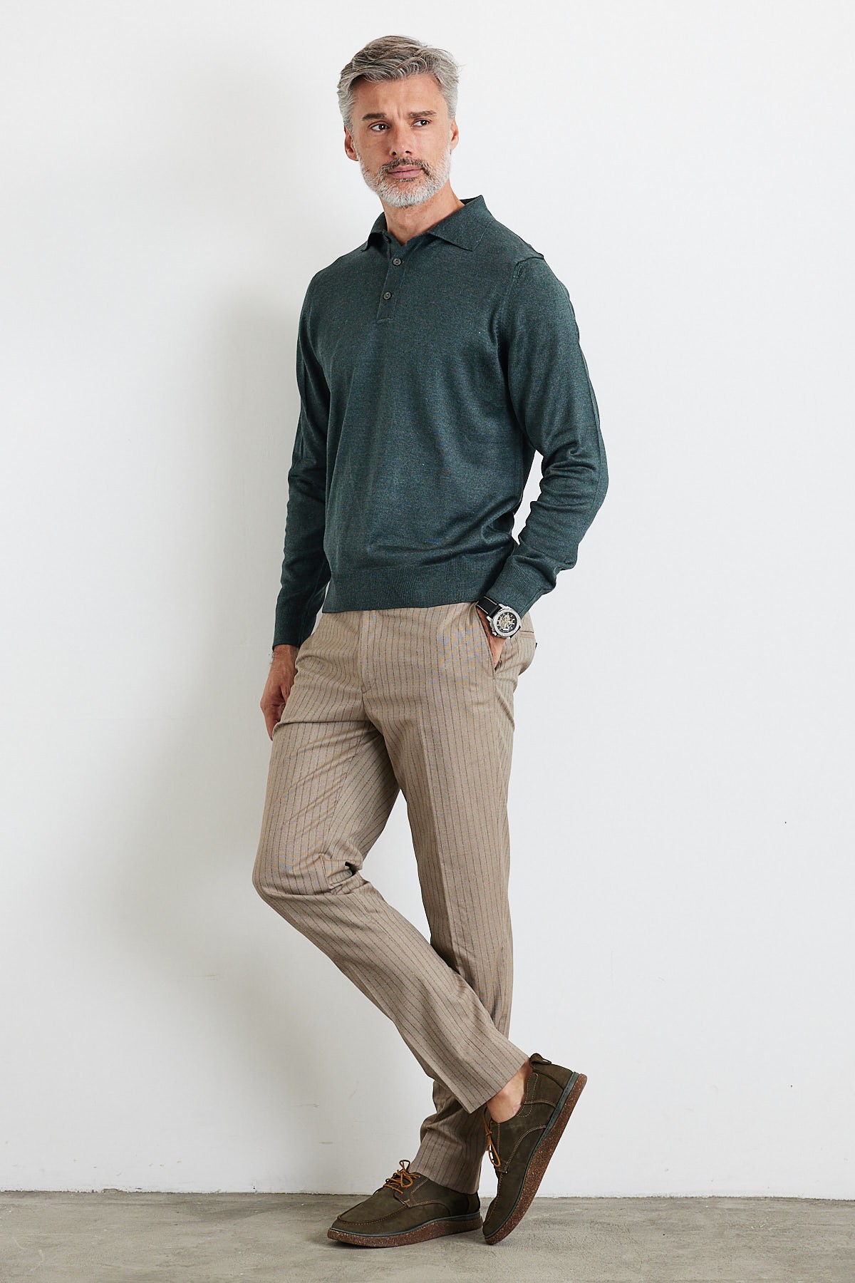 Men's Standard Fit Regular Cut Polo Collar Knit Sweater - Dark Green