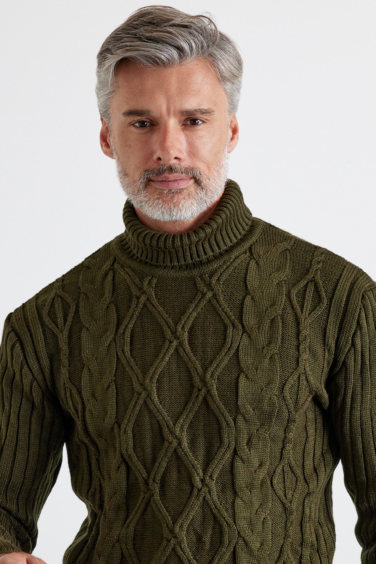 Men's Cable Knit Argyle Pattern Full Turtleneck Ribbed Thick Sweater