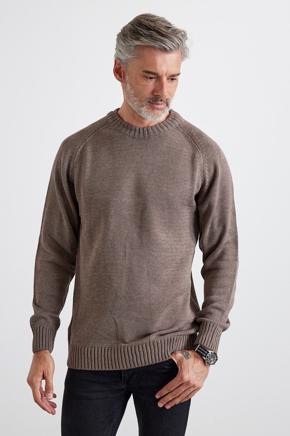 Men's Thick Crew Neck Italian Sleeve Knit Sweater