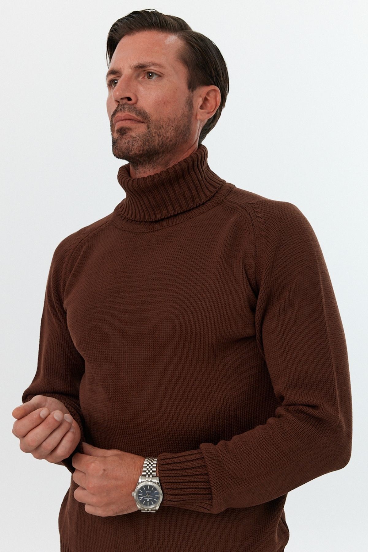 Men's Full Fisherman Thick Italian Sleeve Sweater - Brown