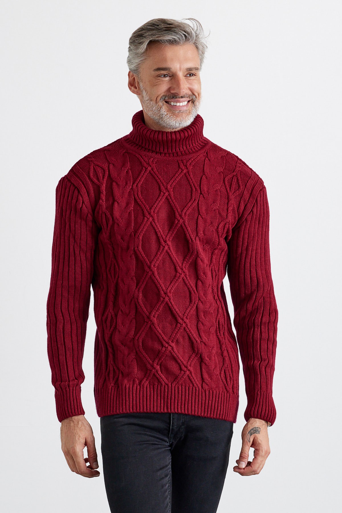 Men's Cable Knit Argyle Pattern Full Turtleneck Ribbed Thick Sweater - Maroon