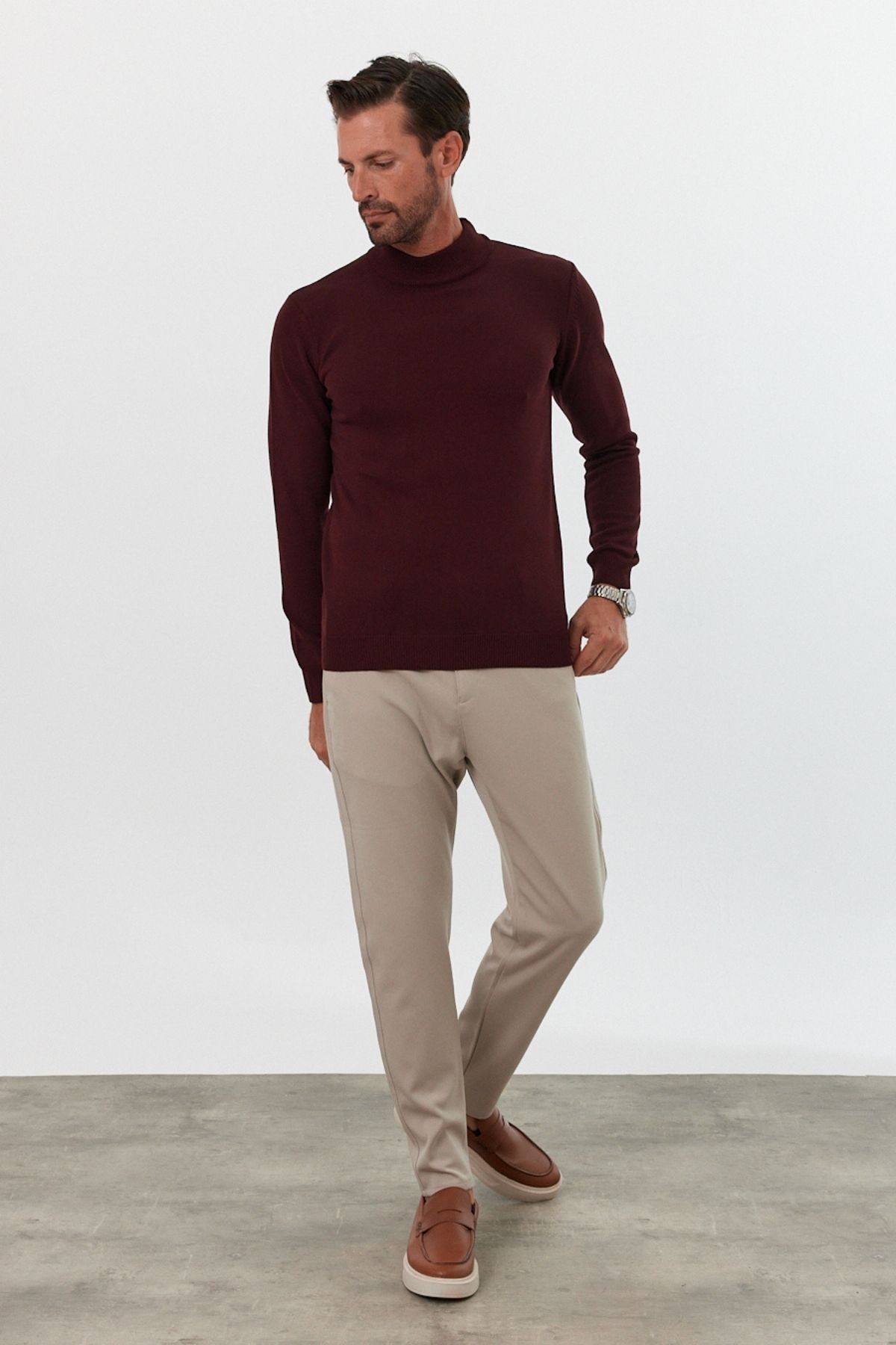 Erkek Slim Fit Dar Kesim Yarım Balıkçı Yaka Boğazlı Triko Kazak - Bordo