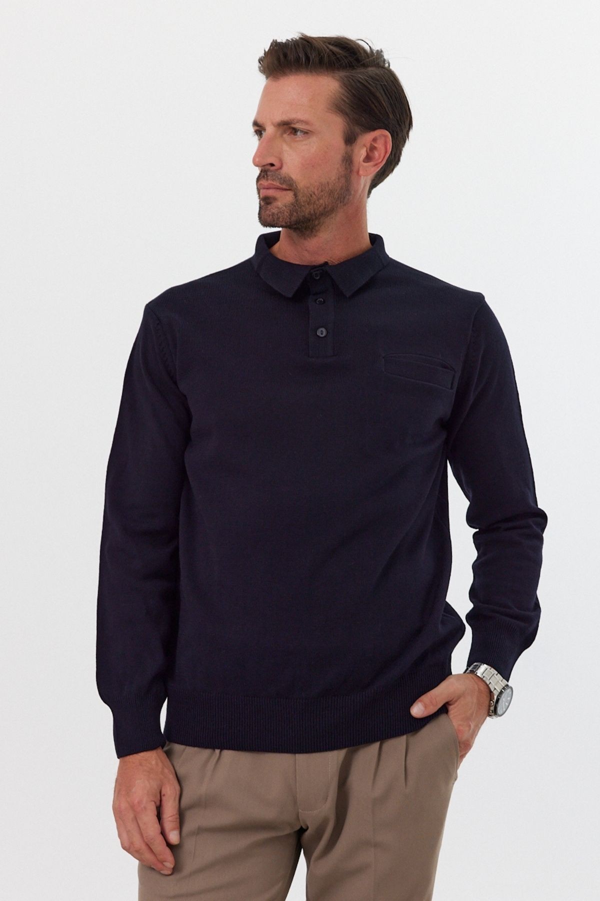 Men's Standard Fit Polo Neck Pocketed Knit Sweater - Navy blue