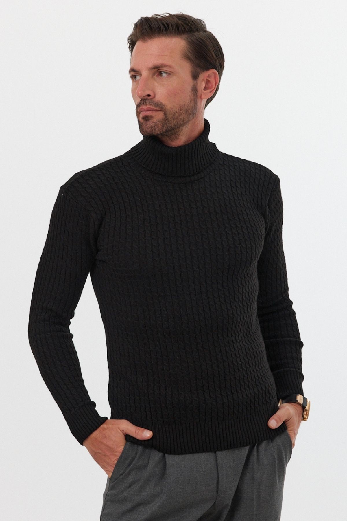 Turtleneck Neck Slim Fit Cable Knit Sweater