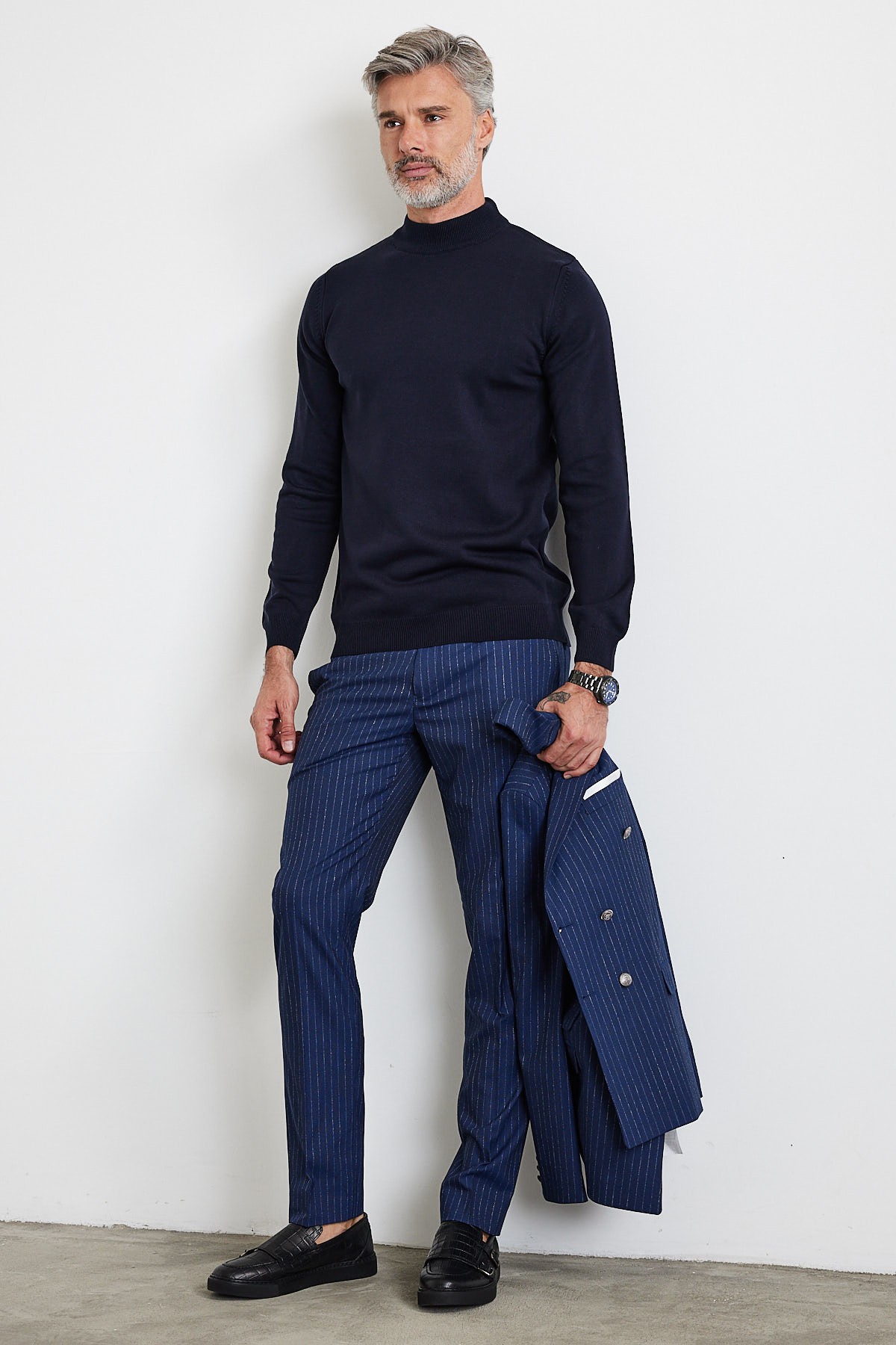 Men's Slim Fit Narrow Cut Half Fisherman's Collar Turtleneck Sweater - Navy blue