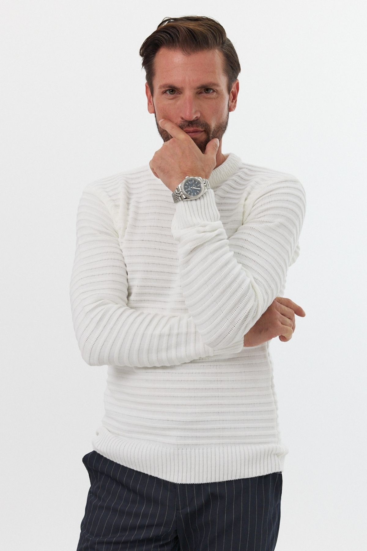 Men's Slim Fit Self-Striped Patterned Polo Neck Sweater