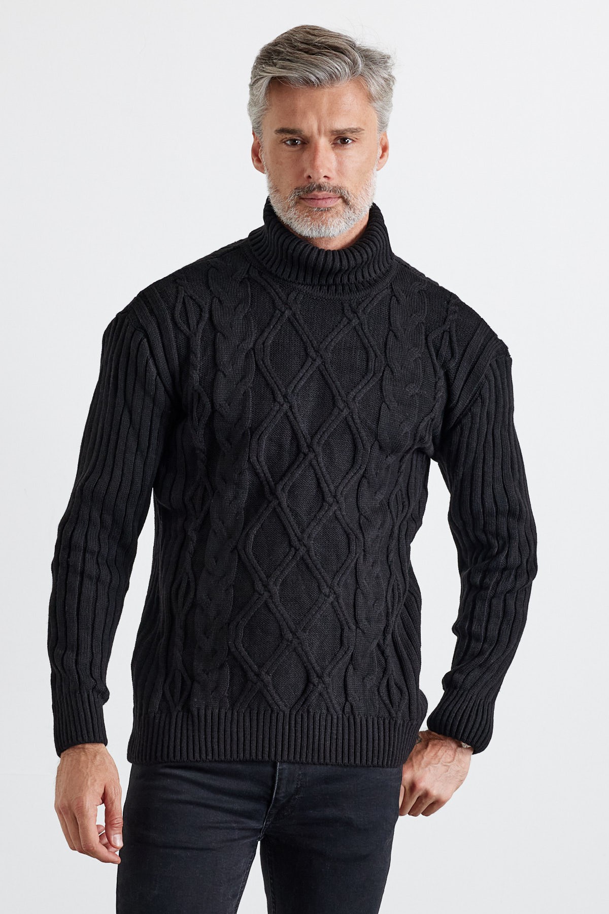 Men's Cable Knit Argyle Pattern Full Turtleneck Ribbed Thick Sweater - Black