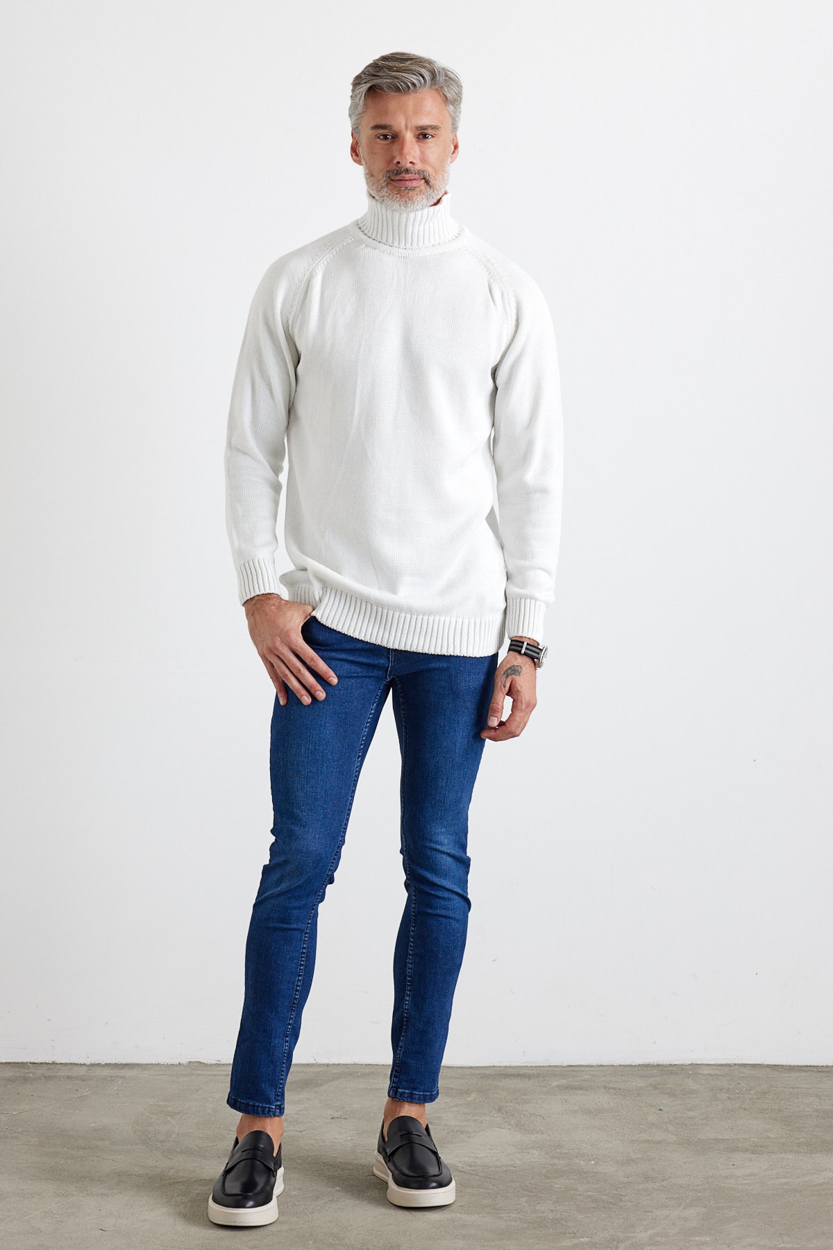 Men's Full Fisherman Thick Italian Sleeve Sweater - White