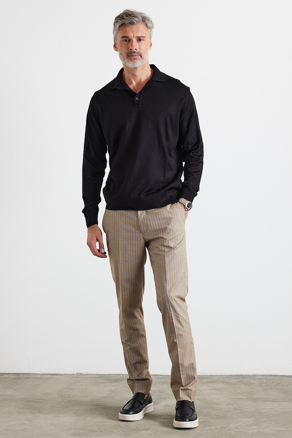 Men's Standard Fit Regular Cut Polo Collar Knit Sweater - Black