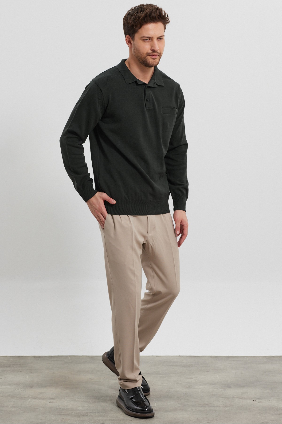 Men's Standard Fit Polo Neck Pocketed Knit Sweater - Dark Green