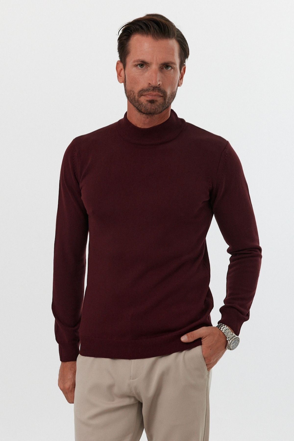 Erkek Slim Fit Dar Kesim Yarım Balıkçı Yaka Boğazlı Triko Kazak - Bordo