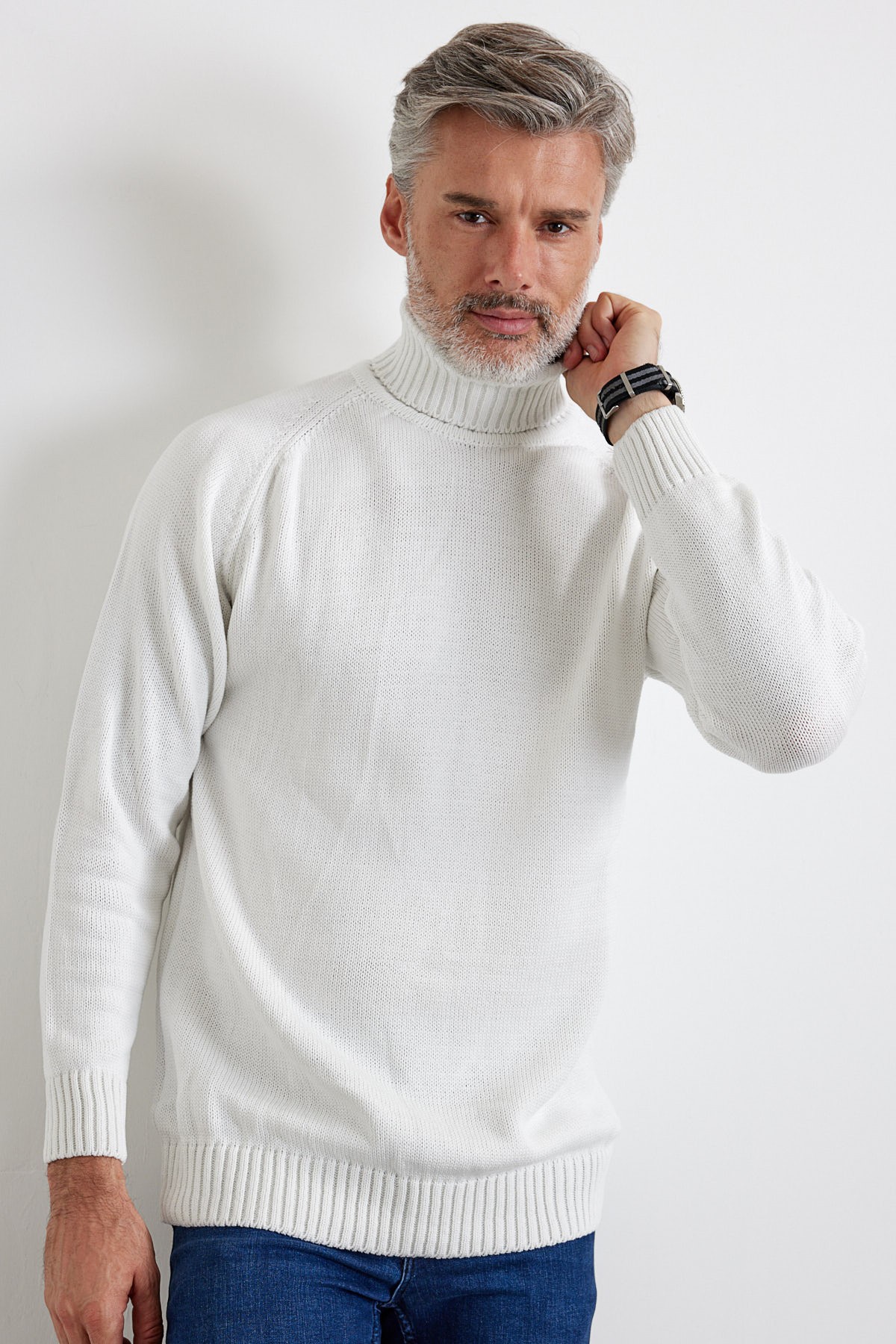 Men's Full Fisherman Thick Italian Sleeve Sweater - White