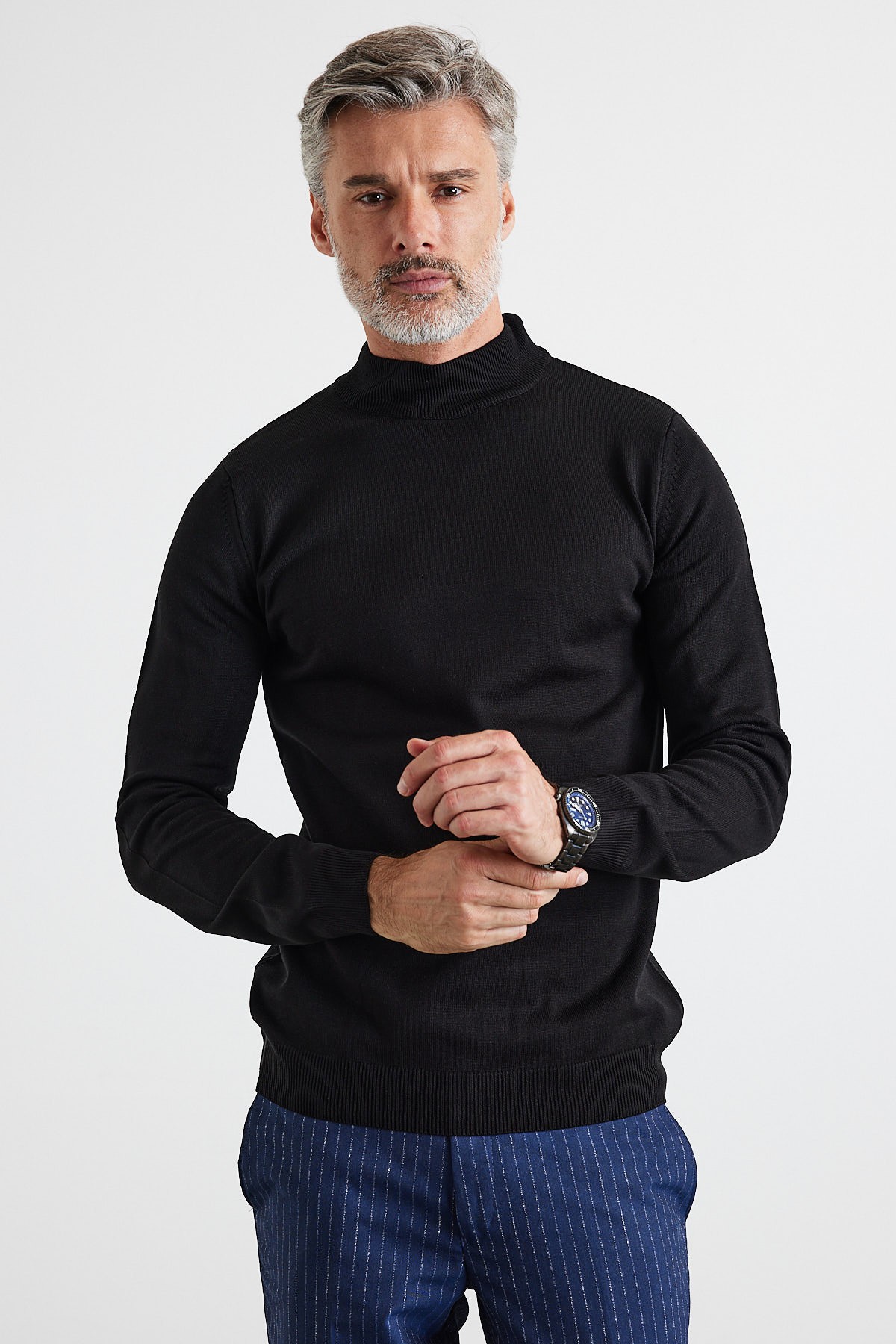 Men's Slim Fit Narrow Cut Half Fisherman's Collar Turtleneck Sweater - Black