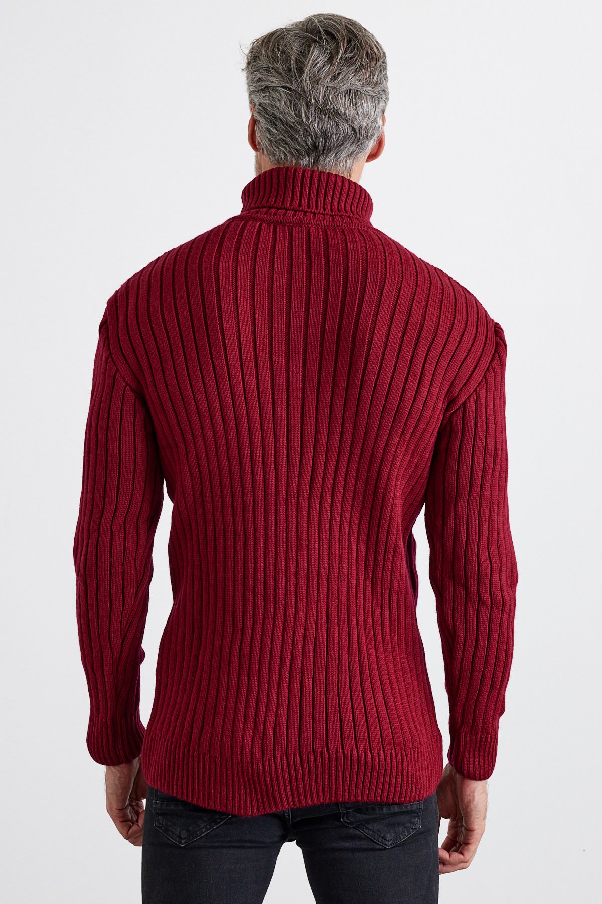 Men's Cable Knit Argyle Pattern Full Turtleneck Ribbed Thick Sweater - Maroon