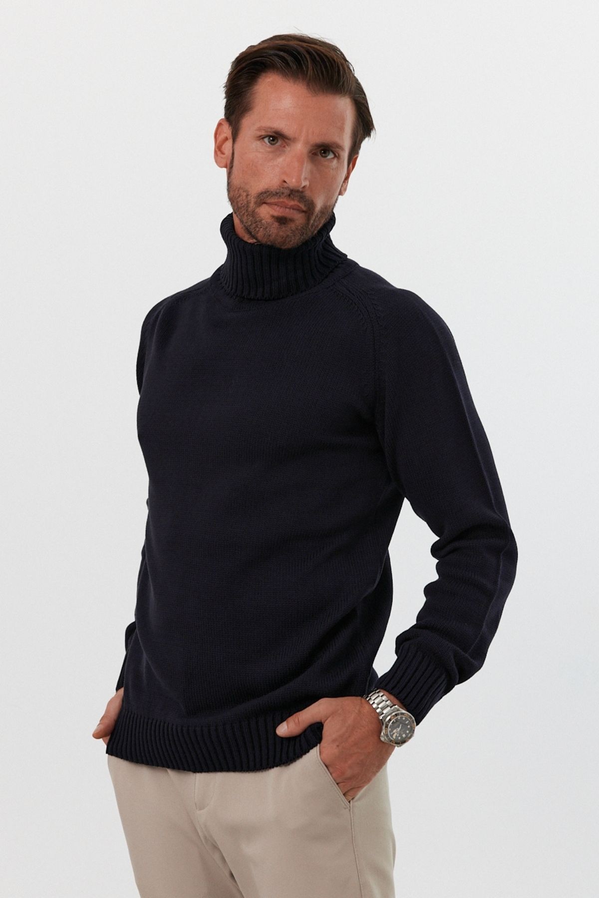 Men's Full Fisherman Thick Italian Sleeve Sweater - Navy blue