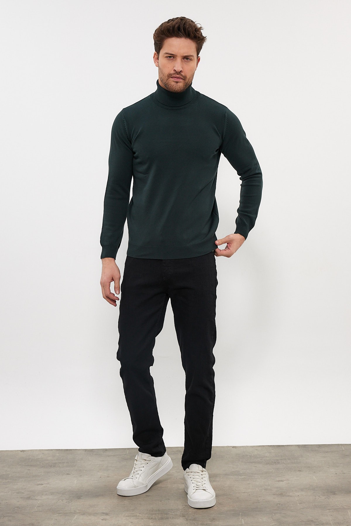 Erkek Slim Fit Dar Kesim Balıkçı Yaka Triko Kazak - Nefti