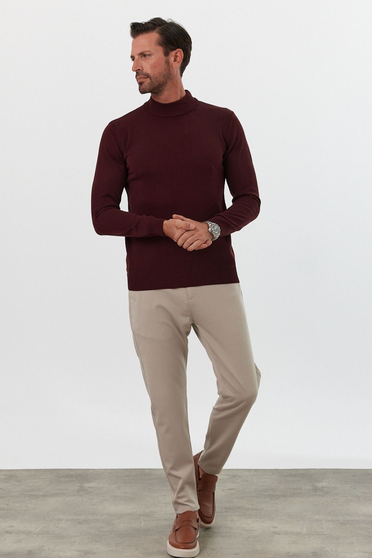 Erkek Slim Fit Dar Kesim Yarım Balıkçı Yaka Boğazlı Triko Kazak - Bordo