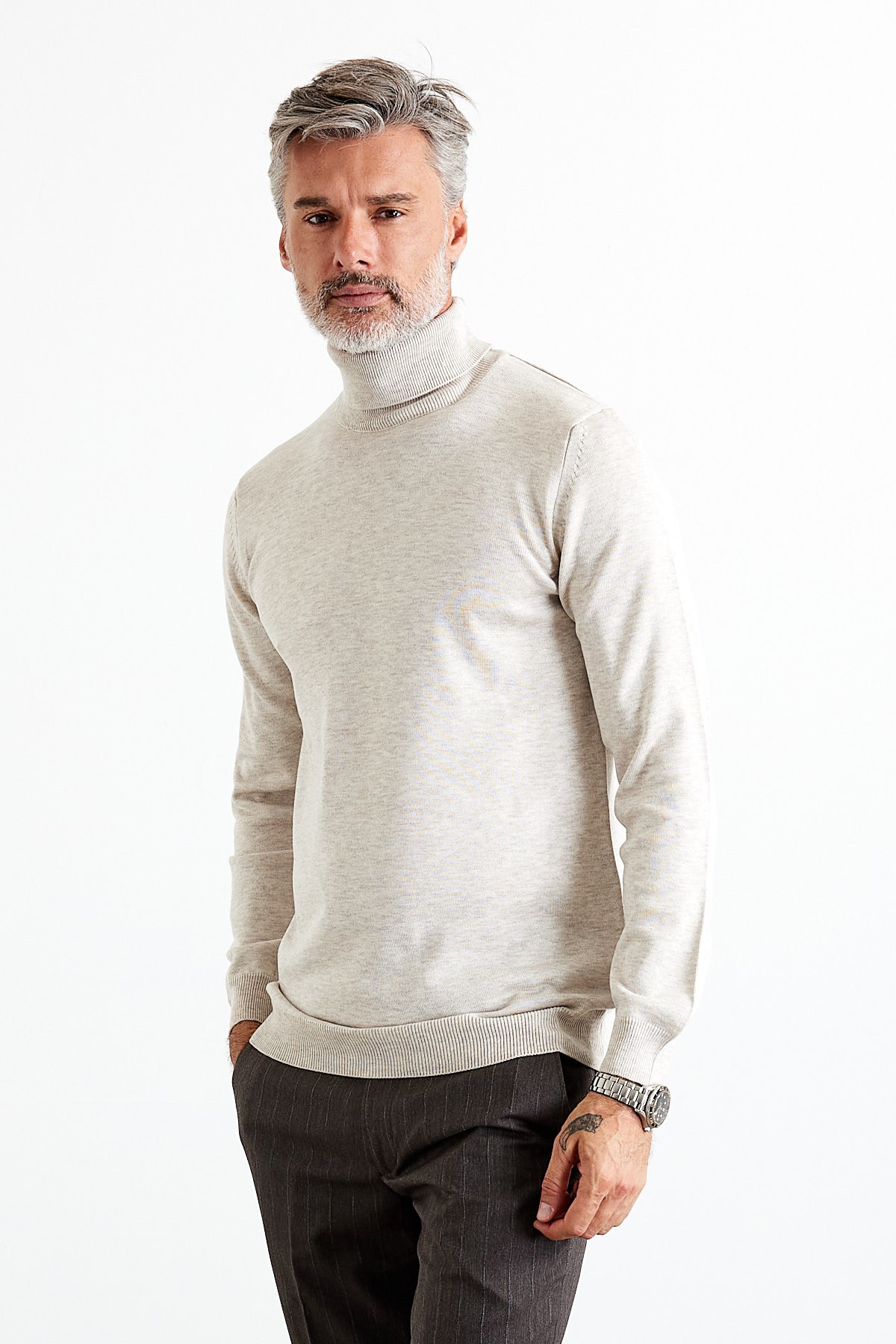 Men's Slim Fit Tight Cut Fisherman Neck Sweater - Beige