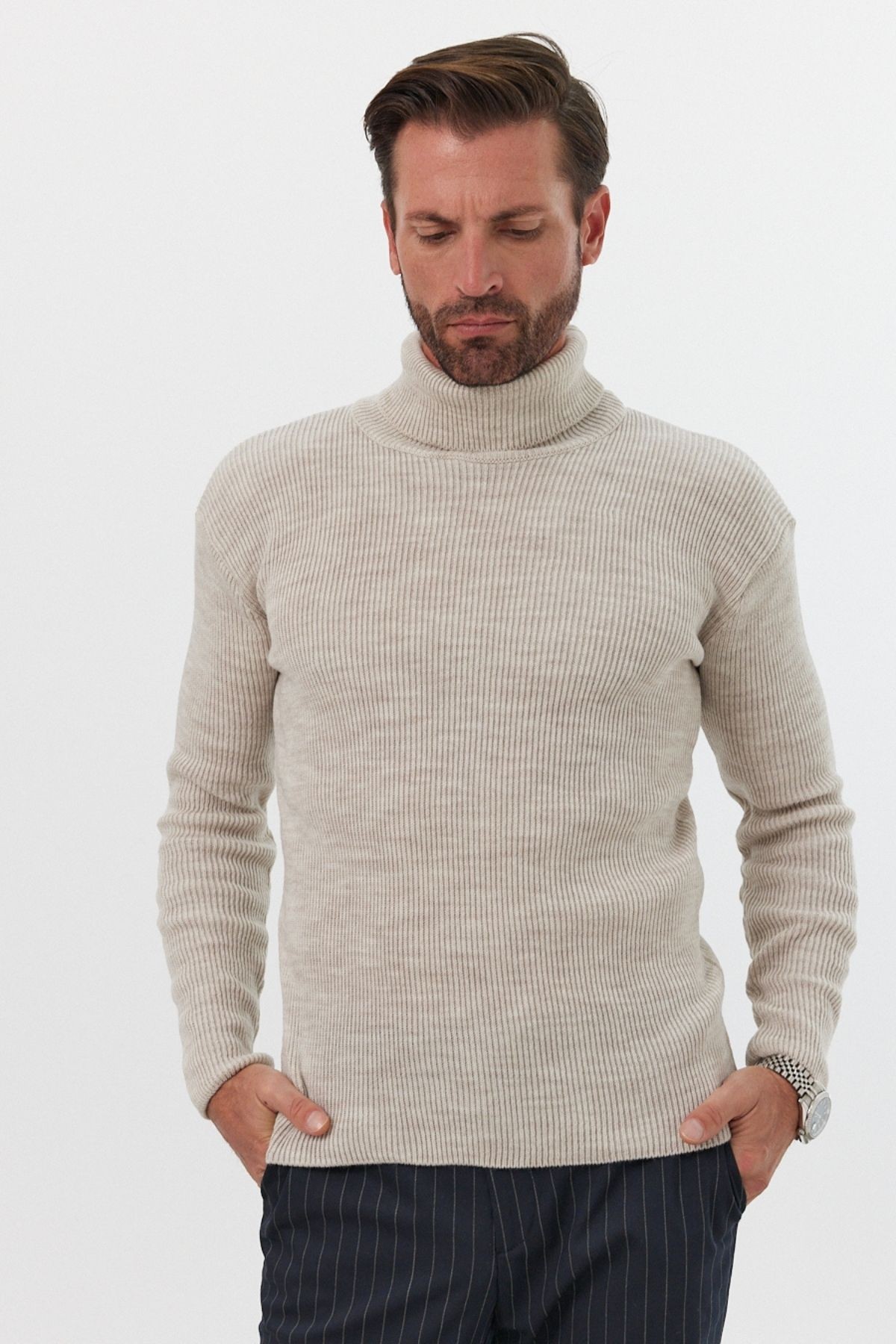 Men's Turtleneck Neck Slim Fit Ribbed Knit Sweater