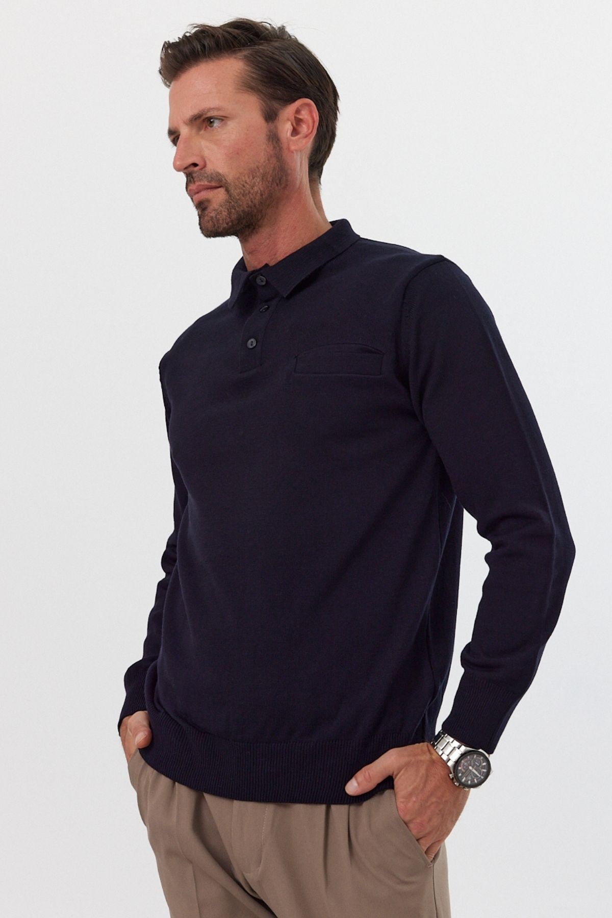 Men's Standard Fit Polo Neck Pocketed Knit Sweater - Navy blue