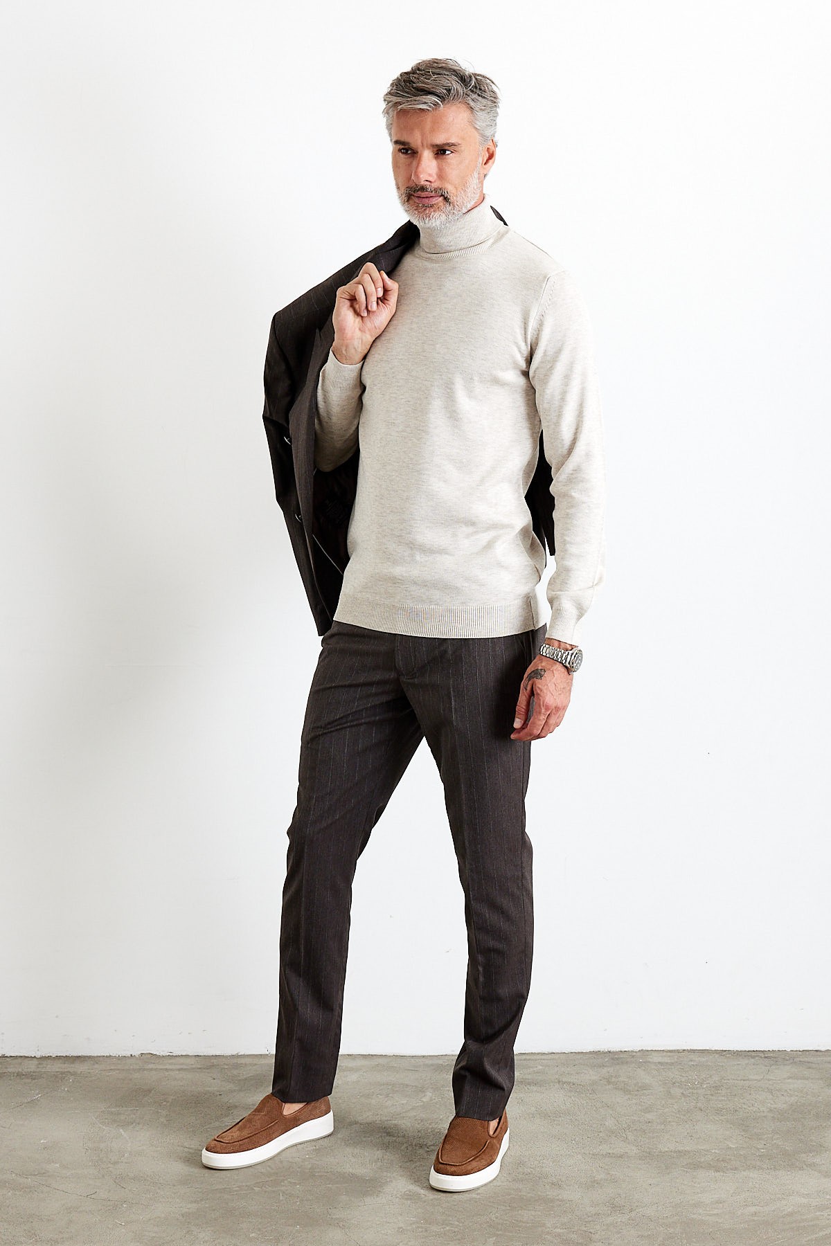 Men's Slim Fit Tight Cut Fisherman Neck Sweater - Beige