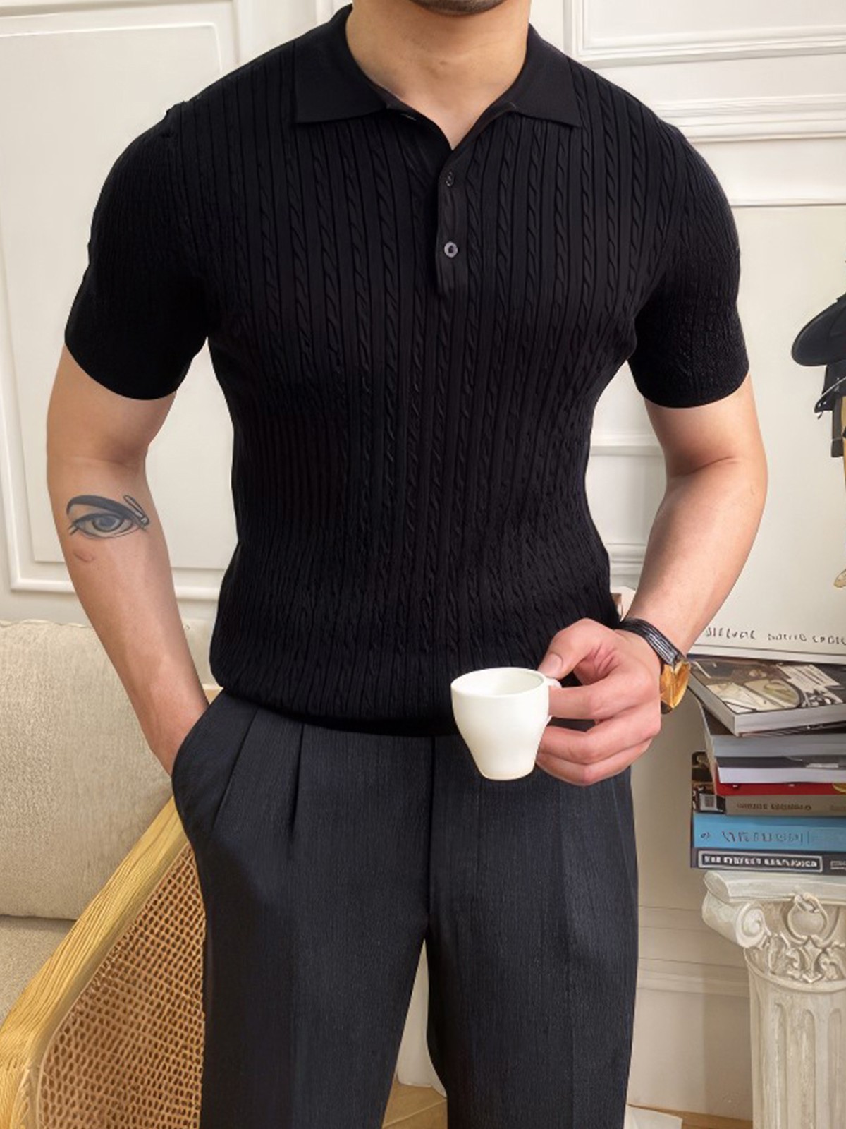 Erkek Polo Yaka Pamuk Saç Örgülü Slim Fit Kısa Kollu İnce Triko Tişört