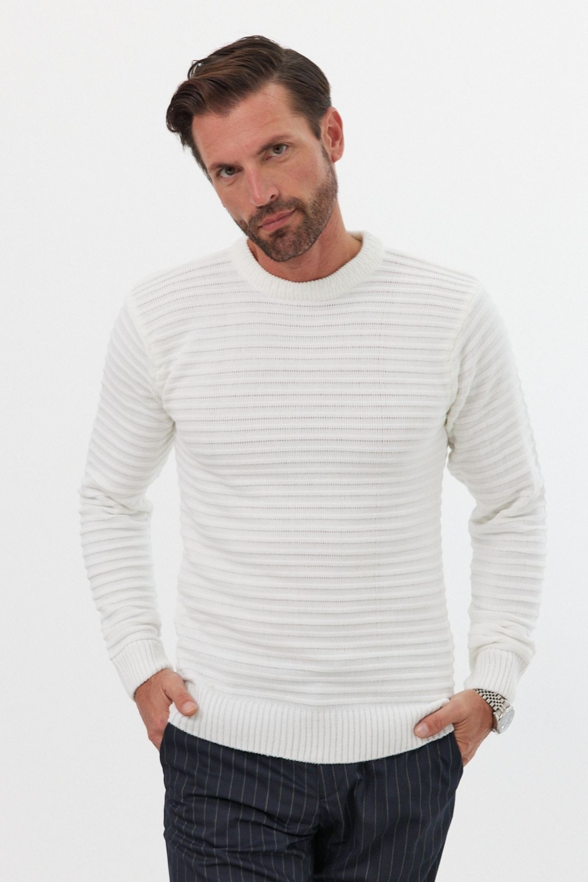 Men's Slim Fit Self-Striped Patterned Polo Neck Sweater