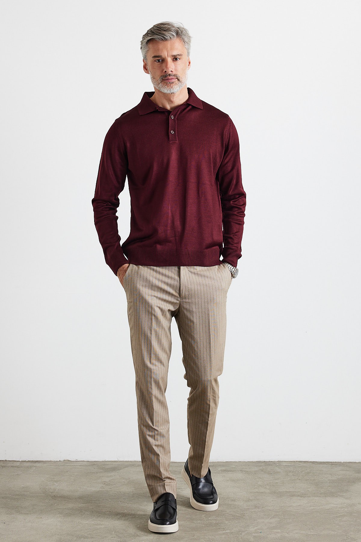 Men's Standard Fit Regular Cut Polo Collar Knit Sweater - Maroon