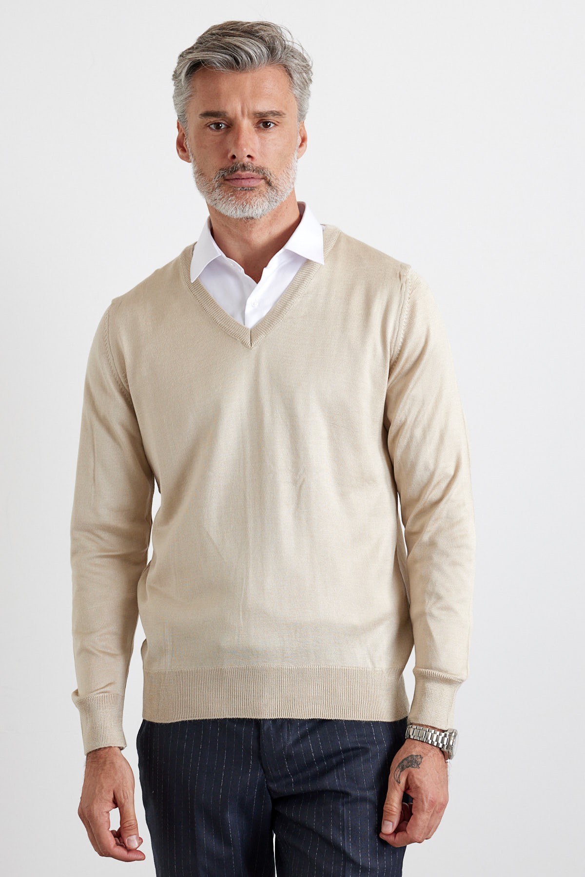  Men's Standard Fit Regular Cut V-Neck Sweater - Stone