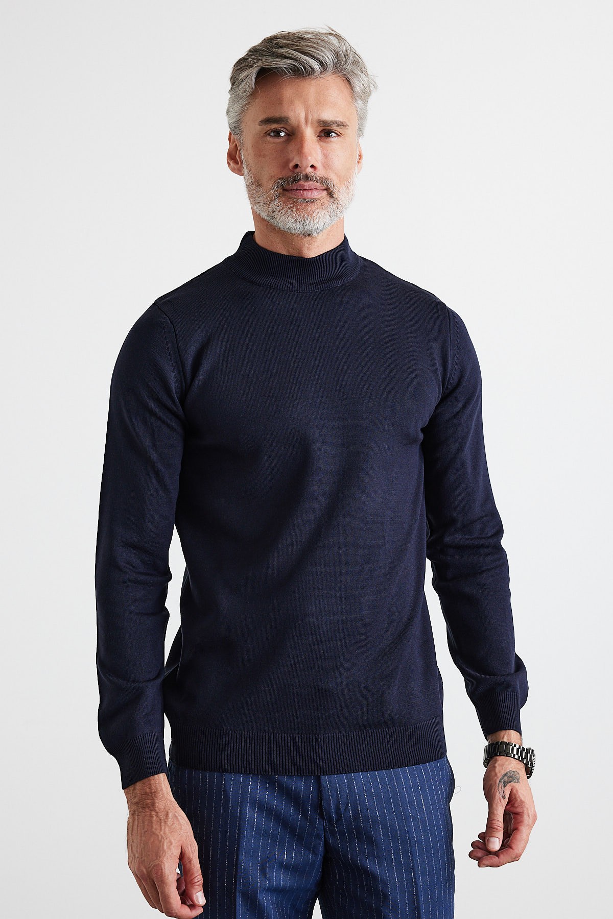 Men's Slim Fit Narrow Cut Half Fisherman's Collar Turtleneck Sweater - Navy blue