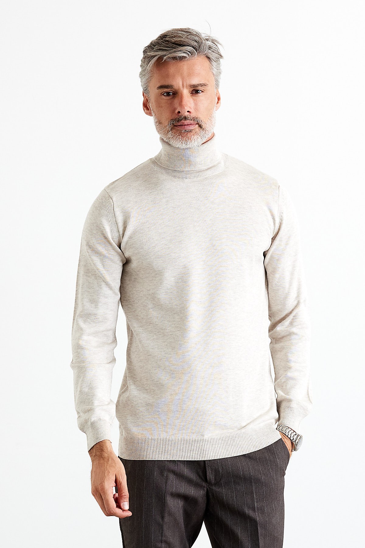 Men's Slim Fit Tight Cut Fisherman Neck Sweater - Beige