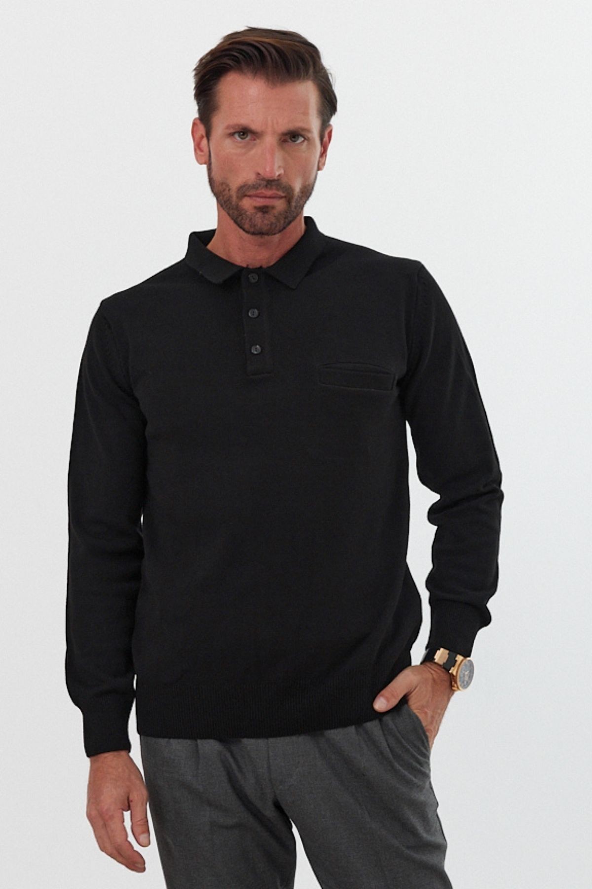 Men's Standard Fit Polo Neck Pocketed Knit Sweater - Black